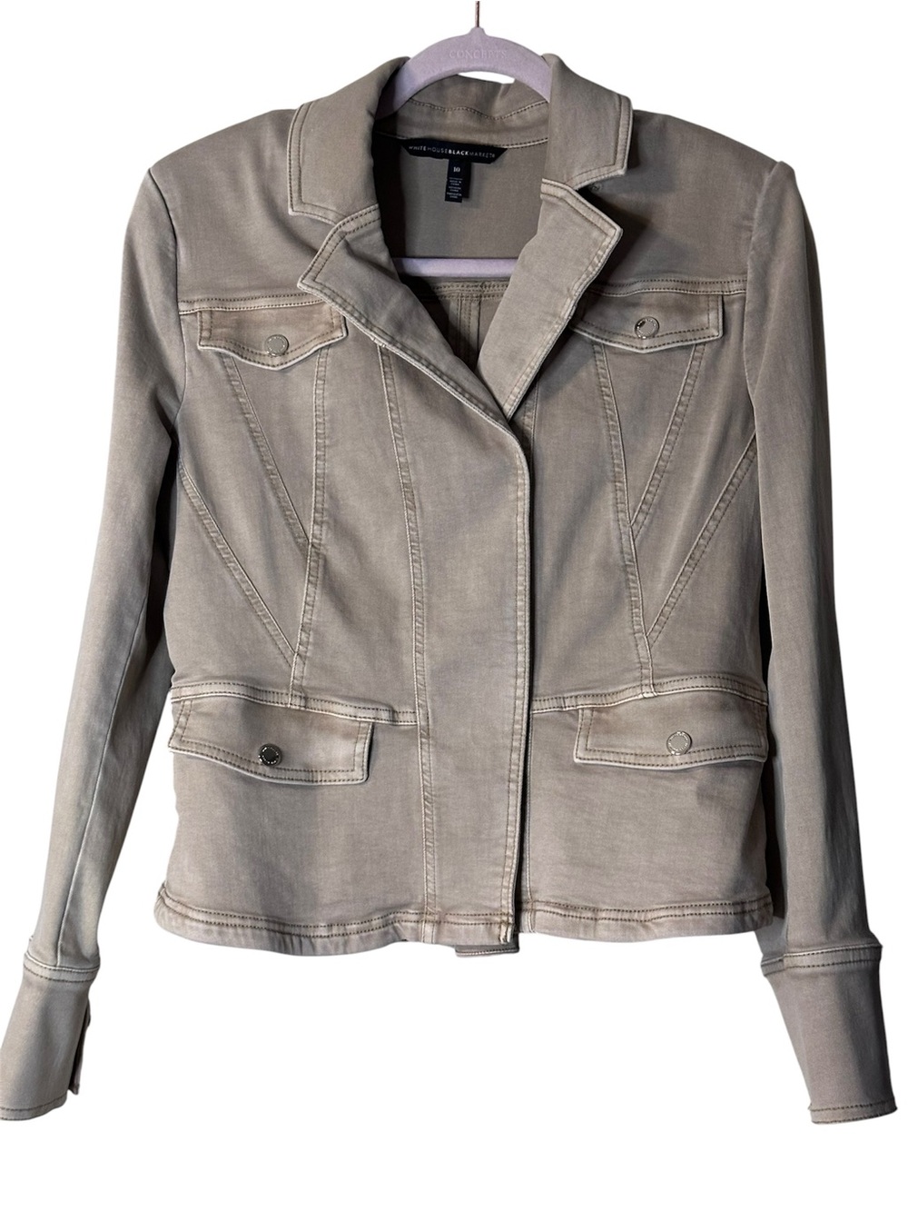 White House Black Market Taupe Jean Jacket, Peplum back, sz 10